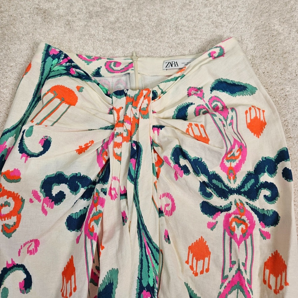 Zara Midi Skirt Womens S Ivory Linen Blend Knotted Pareo Boho Ikat High-Waisted - Picture 8 of 14